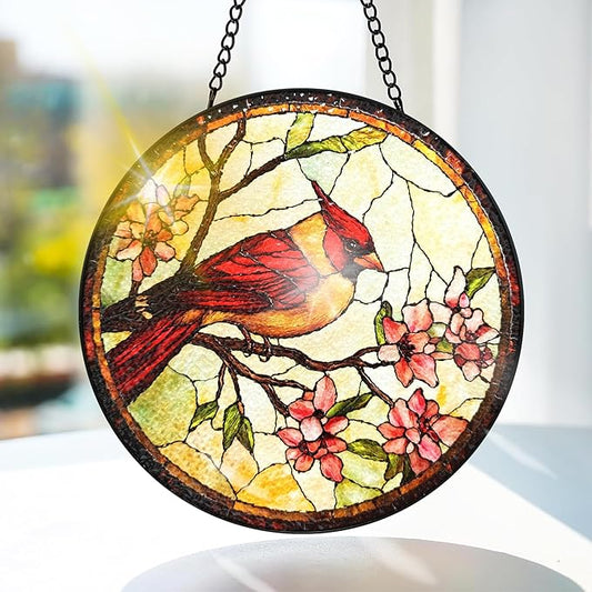 Bimkole Bird Stained Glass Suncatcher Window Hanging - Flowers Design for Indoor Window or Doorway Decoration - 7.87x7.87 inch with Chain and Hook - Unique Home Decor Gift