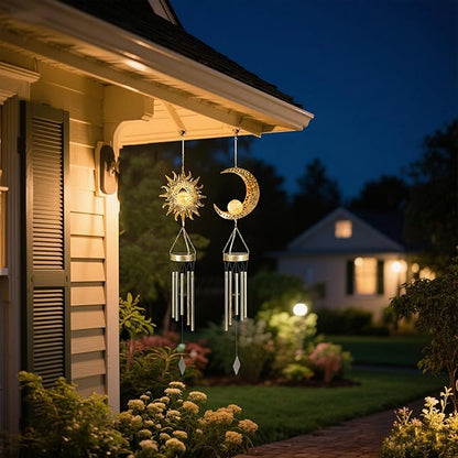Moon Sun Wind Chimes for Outside Lights Gifts for Mom Wife Unique Crackle Glass LED Warm Light Outdoor Hanging Decor Windchimes for Garden Yard Patio Christmas Birthday Mothers Day