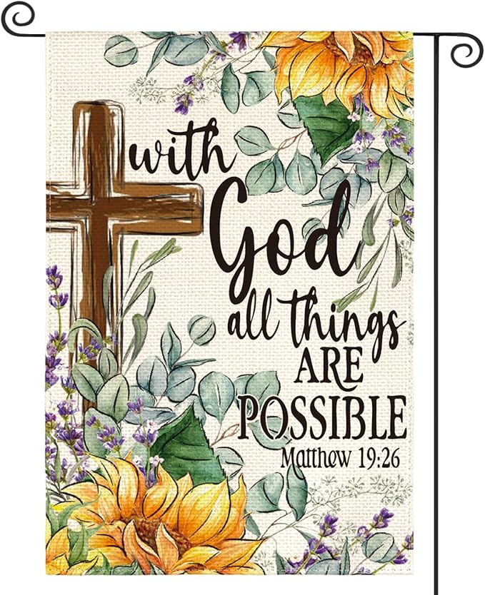 AVOIN colorlife Sunflower Spring Summer Garden Flag 12x18 Inch Double Sided Outside, With God All Things Are Possible Floral Yard Outdoor Decoration