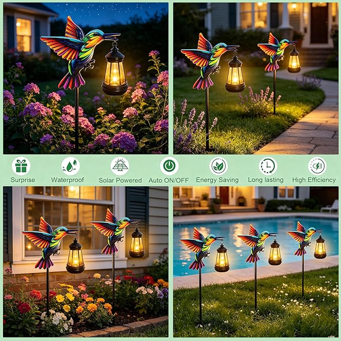 2 Pack Solar Garden Statue Figurine with Solar Lanterns Outdoor Waterproof, Hummingbird Hanging Solar light, Solar Path Lights Yard Art, Outside Patio Garden Decor Gardening Gift for Mom Grandma Women