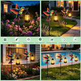 2 Pack Solar Garden Statue Figurine with Solar Lanterns Outdoor Waterproof, Hummingbird Hanging Solar light, Solar Path Lights Yard Art, Outside Patio Garden Decor Gardening Gift for Mom Grandma Women
