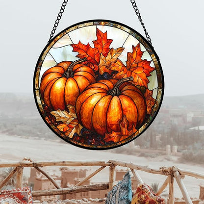DASTOLL Stained Glass Window Hanging, Pumpkin Maple Leaf Suncatcher for Doors Home Sun Catchers Decoration and Christmas, Mother's Day Birthday Gifts for Women, Men, and Mom 15x15 in