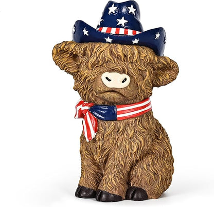 TISEJOY 8" 4th of July Decorations Outdoor Highland Cow Statue for Memorial Day, Highland Cow Decor,Patriotic Decorations for Home Decor, Stars and Stripes Highland Cow Figurines for Desk Garden