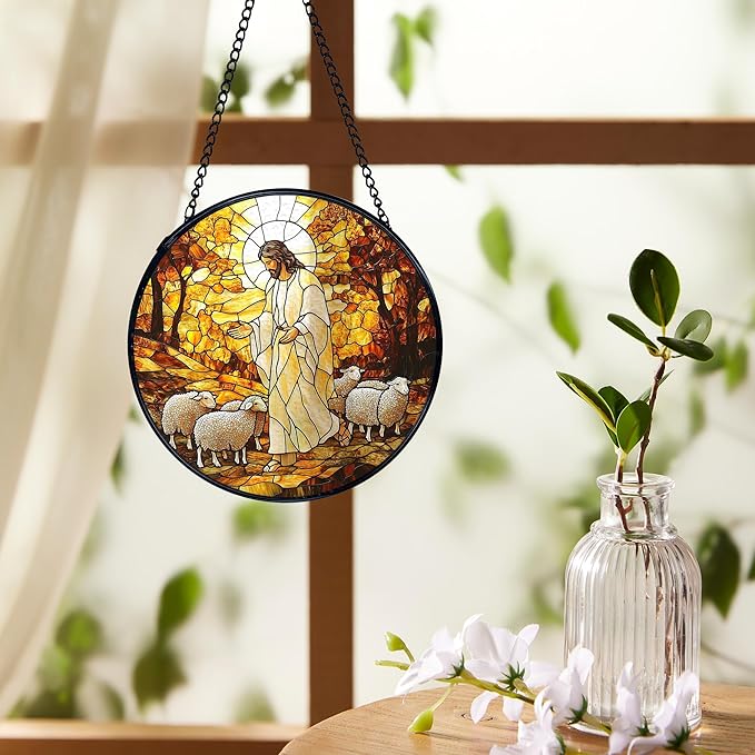Christian Jesus and Lamb Suncatchers Stained Glass Window Hanging, Jesus Religious Sun Catchers Indoor Window Glass Round Wall Decor, Christian Wall Hanging Decorations, 7.9x7.9in