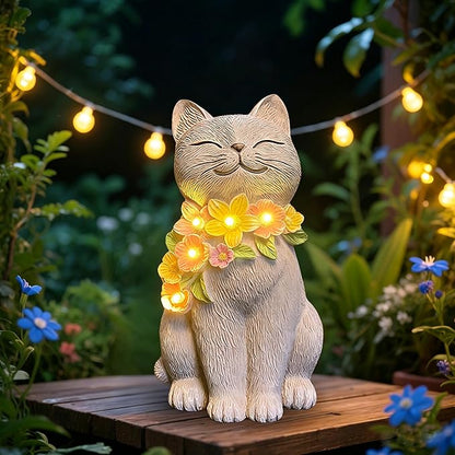 Solar Cat Garden Statue for Outdoor Decor, Cat Solar Light with Flowers, Resin Cats Figurine for Garden, Yard, Lawn Decor, Cats Lover Gifts for Women