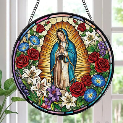 Rngmsi Stained Glass Window Hanging, Our Lady of Guadalupe Sun Catcher Gift, Religious Christian Gifts for Wall Art Landscape Hanging Home Decor 8 Inch