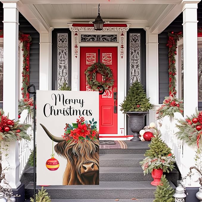 Merry Christmas Garden Flag Highland Cow with Santa Ball Premium Yard Flags Red Holly Flowers Double Sided House Banners Xmas Cows Seasonal Happy Holiday Farmhouse Banner 12x18 Inch