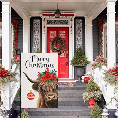 Merry Christmas Garden Flag Highland Cow with Santa Ball Premium Yard Flags Red Holly Flowers Double Sided House Banners Xmas Cows Seasonal Happy Holiday Farmhouse Banner 12x18 Inch
