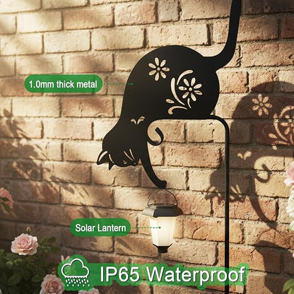 Cat Solar Lights Outdoor Garden, Black Cat Garden Statue,Black Cats Outdoor Decorations with Solar Lantern