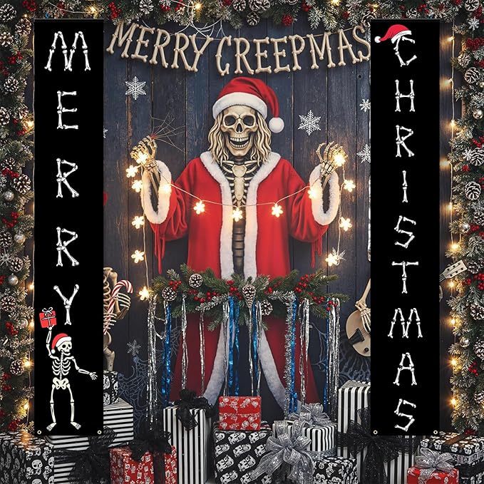 Gothic Christmas Door Banner Gothic Skeleton Christmas Decor for Outdoor, Spooky Skeleton Hanging Merry Xmas Porch Door Sign for Outside Yard Party Decor