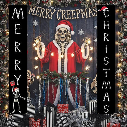 Gothic Christmas Door Banner Gothic Skeleton Christmas Decor for Outdoor, Spooky Skeleton Hanging Merry Xmas Porch Door Sign for Outside Yard Party Decor