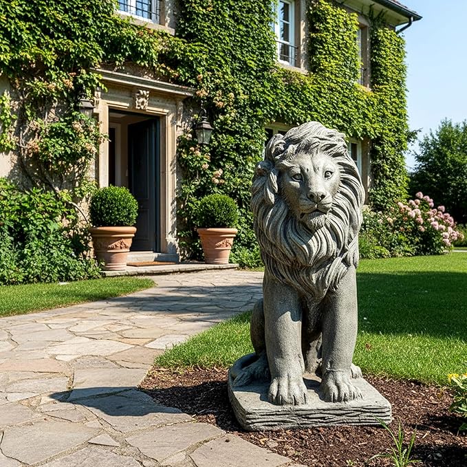 Lion Statue for Garden - Outdoor Sculpture Decoration - 22.8" H Concrete Seated Lion Statue for Home Décor Patio Yard
