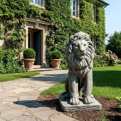 Lion Statue for Garden - Outdoor Sculpture Decoration - 22.8" H Concrete Seated Lion Statue for Home Décor Patio Yard
