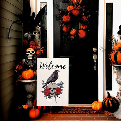 Halloween Welcome Garden Flag Skull Floral Rose Crow Double Sided Vertical Yard Flag Day Of The Dead Bird Rest Bird Floral House Flags 12 x 18 Inches Holiday Villa Outdoor Decorative