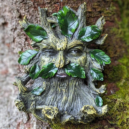 Old Man Tree Face Hugger Outdoor Decor with Bird Feeder, Handmade Tree Art Resin Statue with Leaf & Root Details, Whimsical Hanging Yard Art for Garden Wall Fence