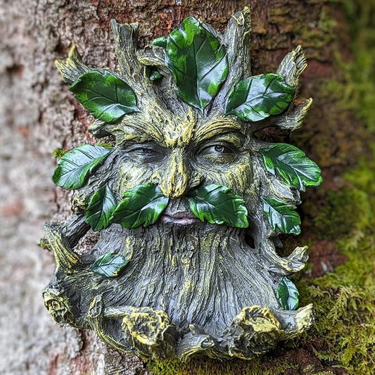 Old Man Tree Face Hugger Outdoor Decor with Bird Feeder, Handmade Tree Art Resin Statue with Leaf & Root Details, Whimsical Hanging Yard Art for Garden Wall Fence