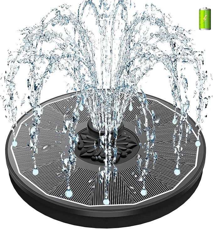 SZMP Solar Bird Bath Fountains,Working On Cloudy Day Solar Water Fountain 3.5W Glass Solar Panel 2000mAh Battery 4 Fixer 7 Nozzles Solar Fountain for Bird Bath Garden(Black Solar Panel)