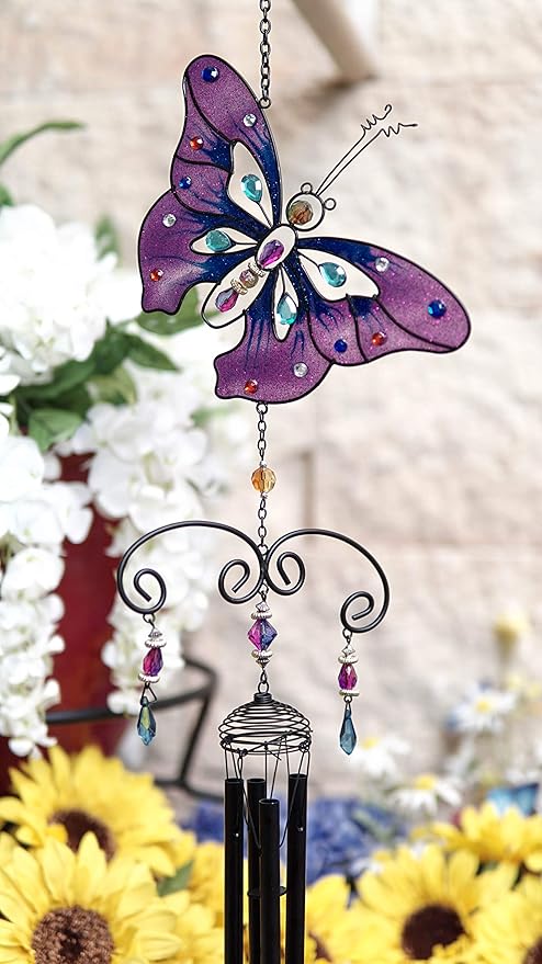 Ebros Gift Colorful Stained Glass Flitting Purple Mariposa Butterfly with Gems and Copper Metal Wind Chime 34.75" Long Resonant Noisemaker Mobile Outdoor Patio Garden Decor Accessory