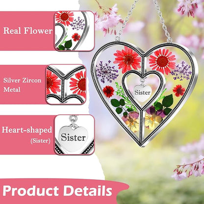 KY&BOSAM Heart Suncatcher Sister Stained Glass Panels Hangings for Windows Sun Catchers with Pressed Real Flower Heart in Glass Birthday Gifts for Women Mothers Day Home Garden Christmas Ornament