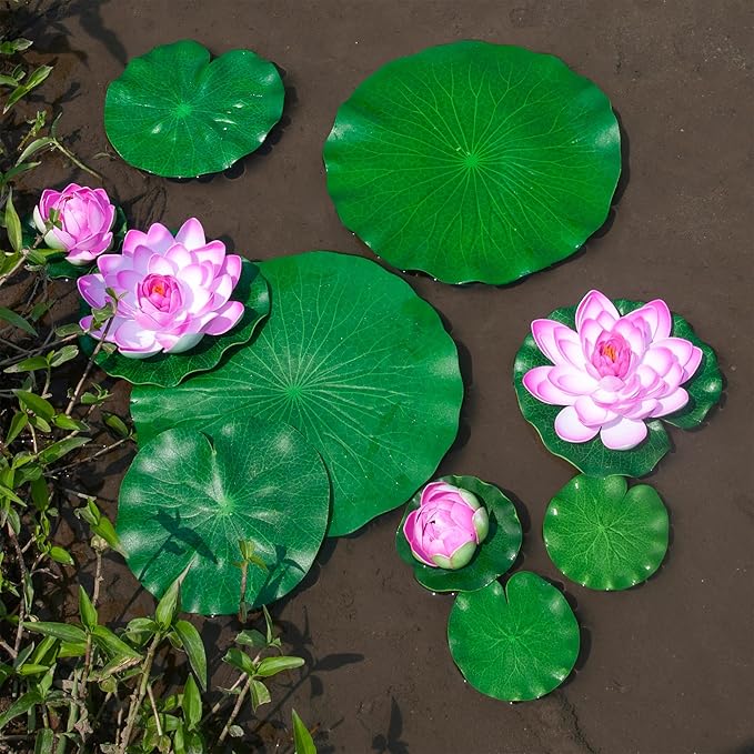 Fake Lily Pads, 10 PCS Artificial Lotus with Water Lily Pad, Realistic Water Floating Foam Lotuses Pads, Pink Artificial Floating Lotus Decor with Pad for Home Outdoor Ponds