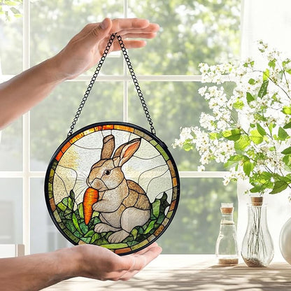 Easter Bunny Carrot Suncatchers Stained Glass Window Hanging, Easter Bunny Decor Sun Catchers Indoor Window Glass Round Wall Decor, Rabbit Wall Hanging Decorations, 7.9x7.9in