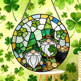Funoasis Stained Glass Window Hanging Suncatcher - 6.3 Inches St. Patrick's Day Gnome Clover and Gold Coin Ornaments Sun Catcher Home Decor Spring Decoration