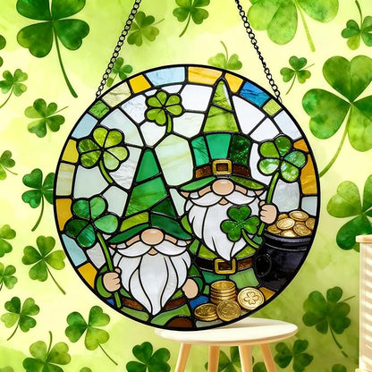 Funoasis Stained Glass Window Hanging Suncatcher - 6.3 Inches St. Patrick's Day Gnome Clover and Gold Coin Ornaments Sun Catcher Home Decor Spring Decoration