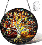 Stained Glass Window Hanging - 8 Inch Tree of Life Sun Catcher, Handmade for Indoor/Garden Decor, Wall Art Gift for Women Mother's Day Christmas