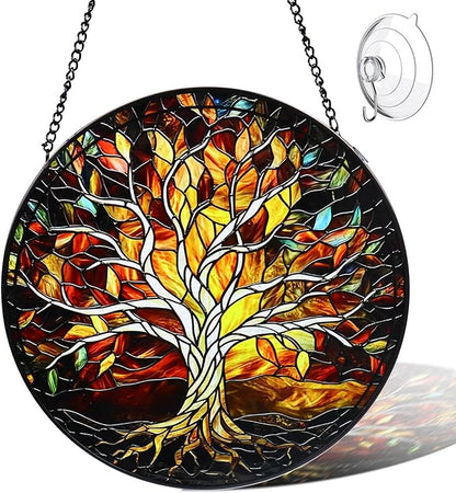Stained Glass Window Hanging - 8 Inch Tree of Life Sun Catcher, Handmade for Indoor/Garden Decor, Wall Art Gift for Women Mother's Day Christmas