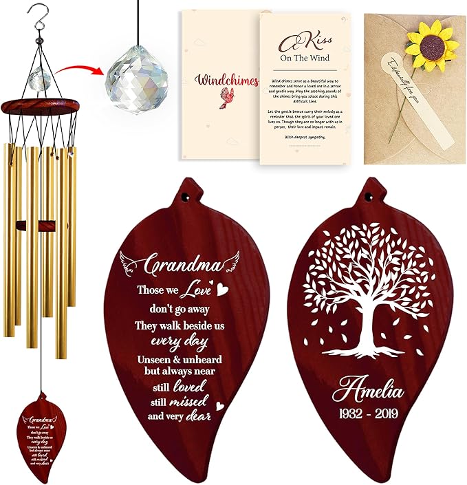 Personalized Grandma Cardinal Memorial Crystal Wind Chimes Remembrance Sympathy Ornament Keepsake in Memory of Grandma Nana Nini Grammy Gigi Custom Name Bereavement Condolence Gift Outdoor Hanging