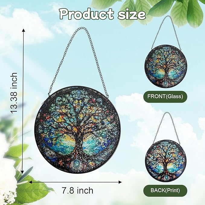 Stained Glass Window Hanging, Tree of Life Suncatcher Glass Panel Decor, Light Catcher Ornament Decoration for Outdoor Indoor Garden Porch Patio, Birthday Housewarmin Gift for Women Men Mom, 7.8 Inch