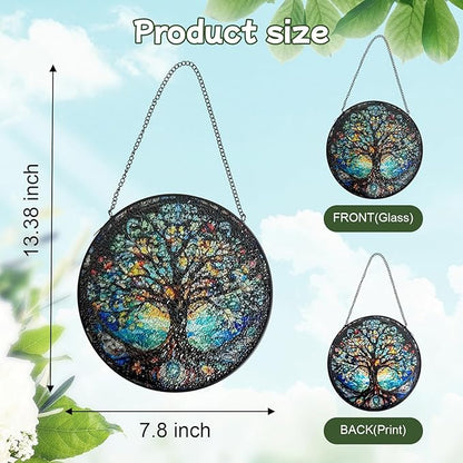 Stained Glass Window Hanging, Tree of Life Suncatcher Glass Panel Decor, Light Catcher Ornament Decoration for Outdoor Indoor Garden Porch Patio, Birthday Housewarmin Gift for Women Men Mom, 7.8 Inch