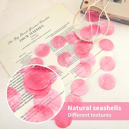 Handmade Capiz Wind Chimes for Outside, Outdoor Seashell Hanging Beach Coast Ocean Home Decorative, Unique Natural Shell Waterfall Windchimes for Summer Patio, Great Memorial Sympathy Gift（Pink