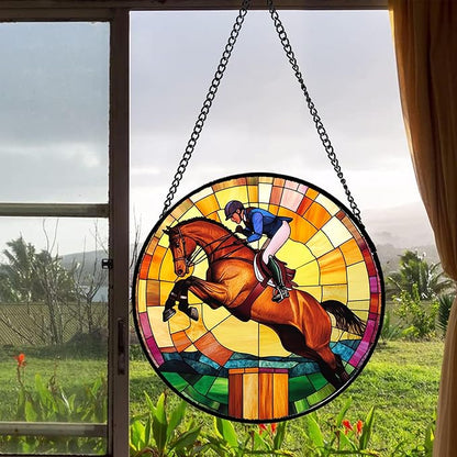 DASTOLL Stained Glass Window Hanging Equestrian Sports 9.8" - Horse Suncatcher Door Garden Sunroom Sun Catcher Home Decor Birthday Christmas for Mom Men Woman Nana