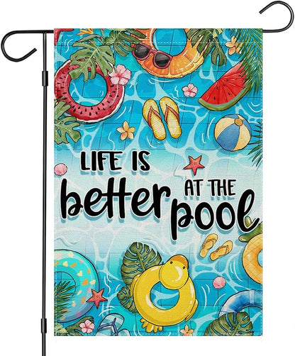 Summer Garden Flags for Outside, LIFE IS BETTER AT THE POOL Small Seasonal Decoration for Farmhouse Holiday Yard Outdoor Decor 12x18 Inch Double Sided