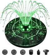 6.3" D Solar Fountain with Battery Backup, 9V/2W Solar Fountain Pump with LED Lights, 5 Nozzles Bird Bath Fountain, Floating Solar Water Fountain for Garden, Pond, Patio