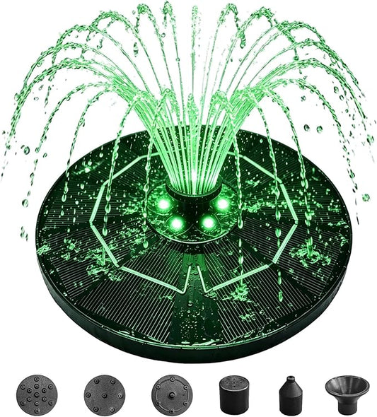 6.3" D Solar Fountain with Battery Backup, 9V/2W Solar Fountain Pump with LED Lights, 5 Nozzles Bird Bath Fountain, Floating Solar Water Fountain for Garden, Pond, Patio