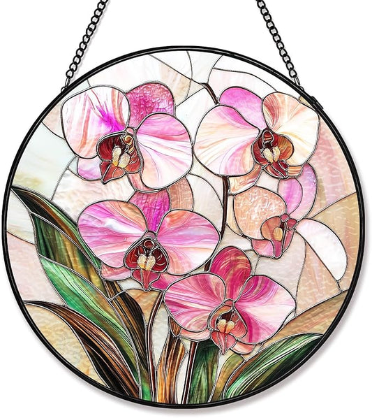 Stained Glass Sun Catcher Window Hanging - Pink Phalaenopsis Orchid Floral Design, Indoor Decor Gifts for Mother's Day, Birthday, Christmas - Perfect for Women, Mom Home Window Decor (Pink) 7.8in