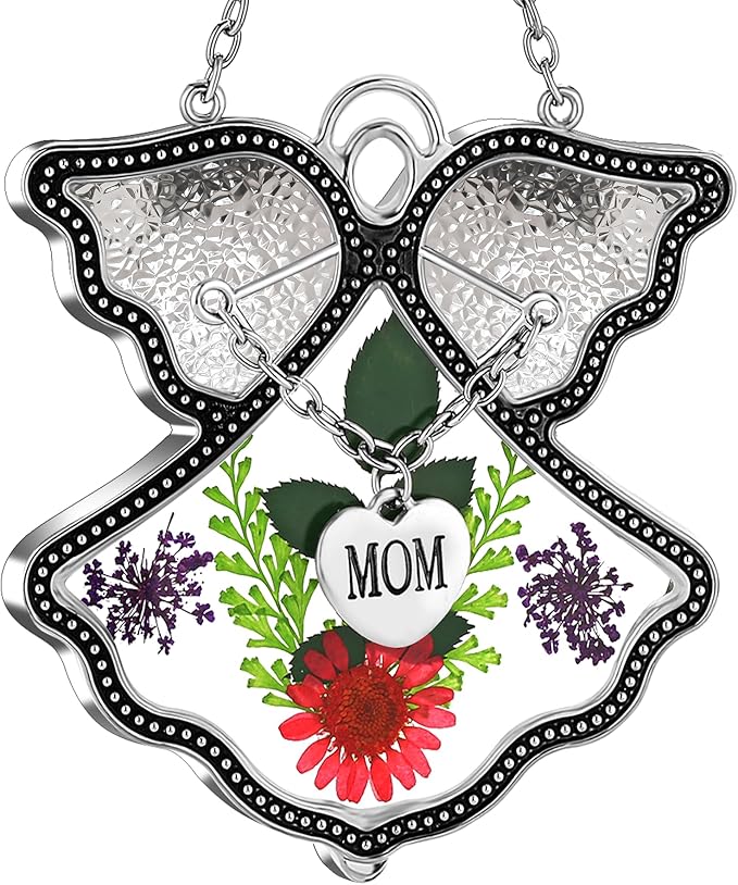 KY&BOSAM Angel Suncatcher Mom Stained Glass Suncatcehesr for Windows Hangings Wind Chime with Pressed Drived Real Flower and Metal Charm Gifts for Mom Mothers Day Valentine's Birthday Christmas Decor