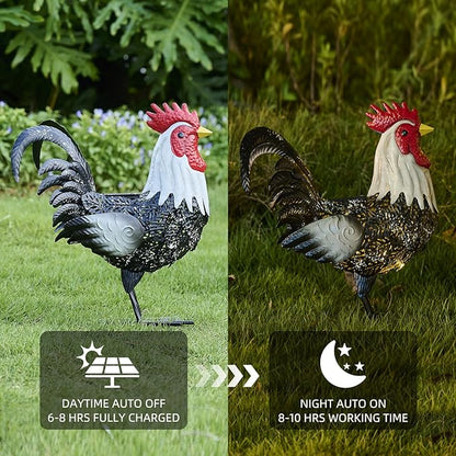 Metal Rooster Statue Yard Decor - 15" Solar Light Metal Yard Art Standing Chicken Statue Garden Decoration, Large Animal Sculpture Chicken Figture for Outdoor Porch Patio Backyard Lawn Ornament