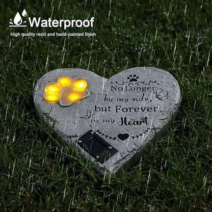 Pet Memorial Stone Solar Lighted Glowing Paw Print Heart Statue with Forever in My Heart Engraved, Pet Headstones for Dogs Cats Waterproof Resin Loss of Dog Sympathy Gift, 10 Inch