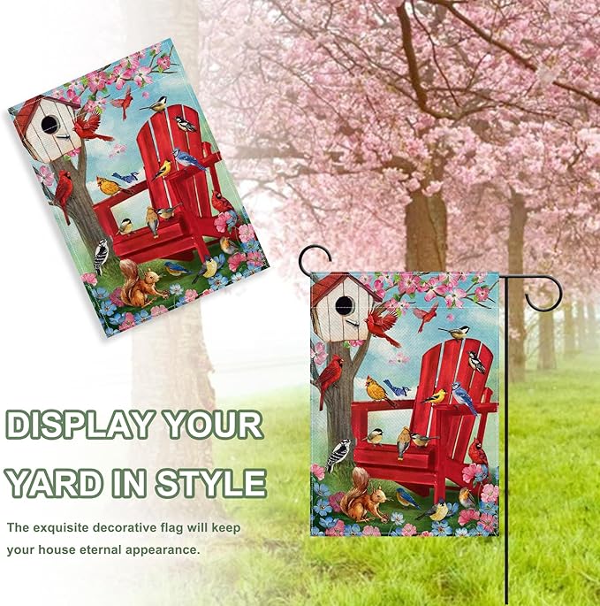 Spring Red Chair Birds Decorative Garden Flag, Cardinal Blue Jay Chickadee Squirrel Birdhouse Flowers Yard Outside Decorations, Summer Farmhouse Outdoor Small Home Decor Double Sided 12 x 18