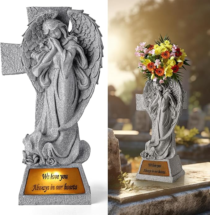JFHEDY Angel Garden Statue Outdoor Decor, Grave Decorations for Cemetery, Solar Angel Garden Figurines Gifts for Mom Grandma or Cemetery Decorations for Grave Garden Memorial Stones