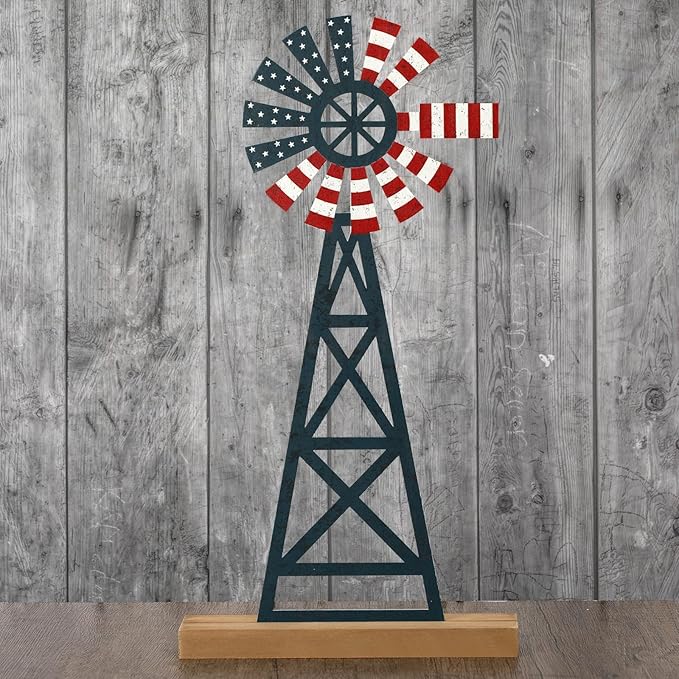 Tandefio 1 Pcs Patriotic Farmhouse Windmill Table Top 11.8 Inch Metal Rustic 4th of July Vintage Desk Shelf Decor Farmhouse American Red White Blue Windmill for 250th Anniversary Memorial Day Home