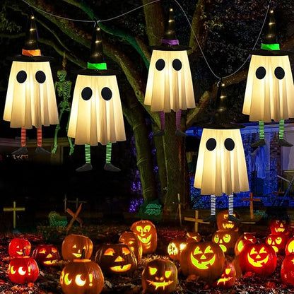 Set of 4 Halloween Hanging Ghosts, Halloween Decorations Outdoor Hanging Ghosts with Witch Hat,Glowing Ghost Witch Hat Lights, Light up Ghost Decor for Yard Patio Garden Tree Outside(4 Ghost Lighted)