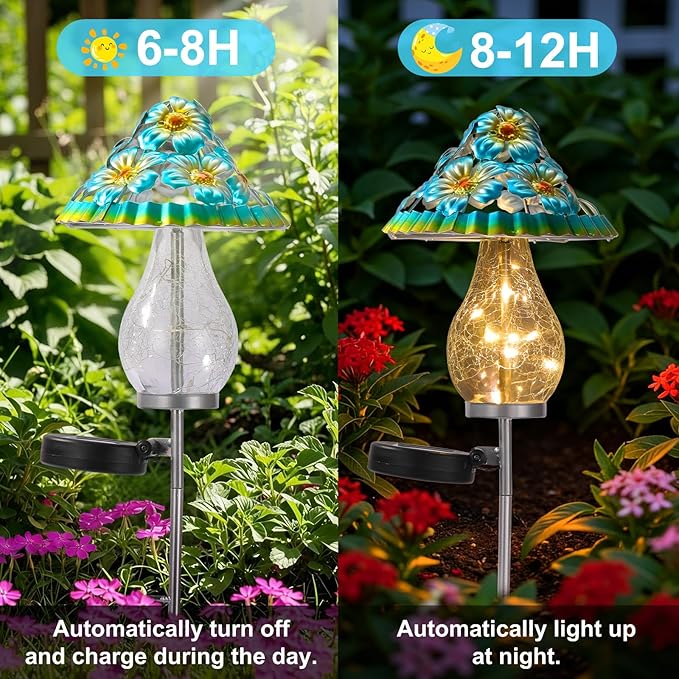 LOVERUIS Mushroom Garden Decor for Outside with Cracked Ball Waterproof Metal Stake Outdoor Yard Patio Decor, Gifts for Women, Mom, Grandma (ARS-Mushroom Blue)