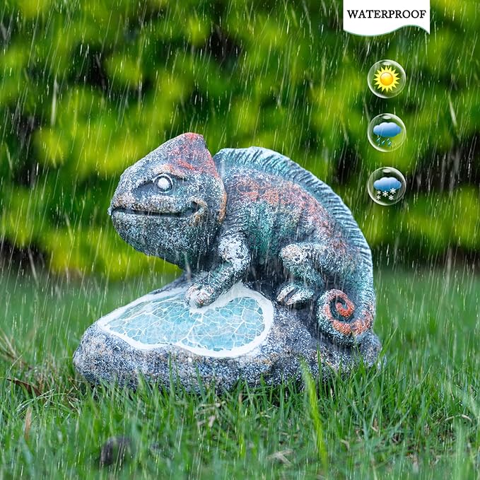 Rezpuao Solar Chameleon Garden Statues Outdoor Decor Resin Chameleon Figurine with Solar Light for Patio,Balcony,Yard,Lawn Ornament,Perfect Garden Gift