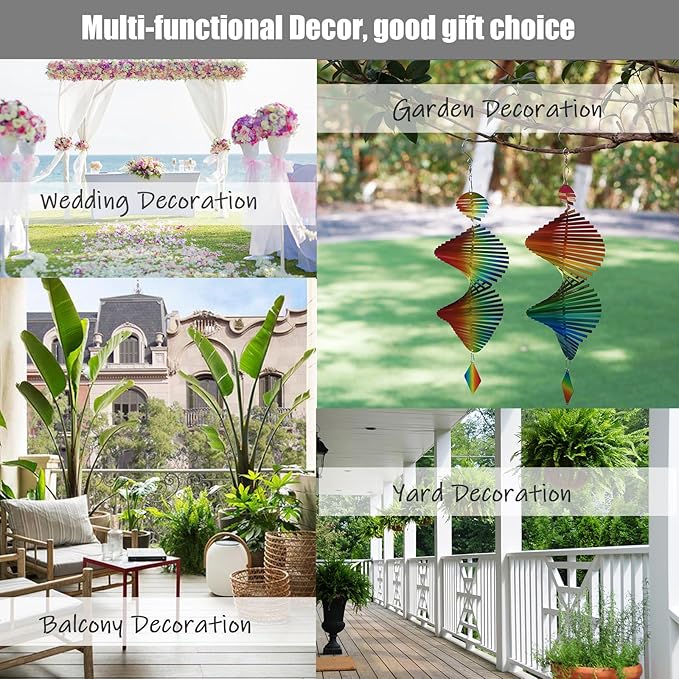 2pcs in Set Gradient Rainbow Helix Metal Wind Spinners for Yard and Garden,12 Inch 3D Stainless Steel Hanging Kinetic Yard Art Wind Sculpture Decor Outdoor Indoor (Warm Pattern)