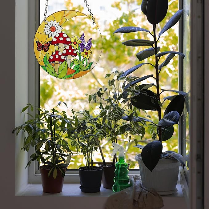 Mushroom Moon Stained Glass Suncatcher Home Decor, Mushroom Plant Lover Gifts for Women, Birthday Gifts for Mom Grandma Mothers