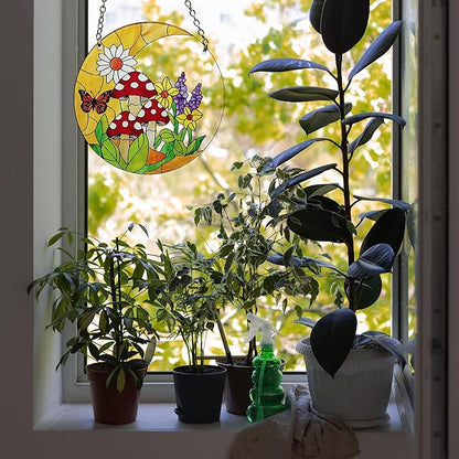 Mushroom Moon Stained Glass Suncatcher Home Decor, Mushroom Plant Lover Gifts for Women, Birthday Gifts for Mom Grandma Mothers